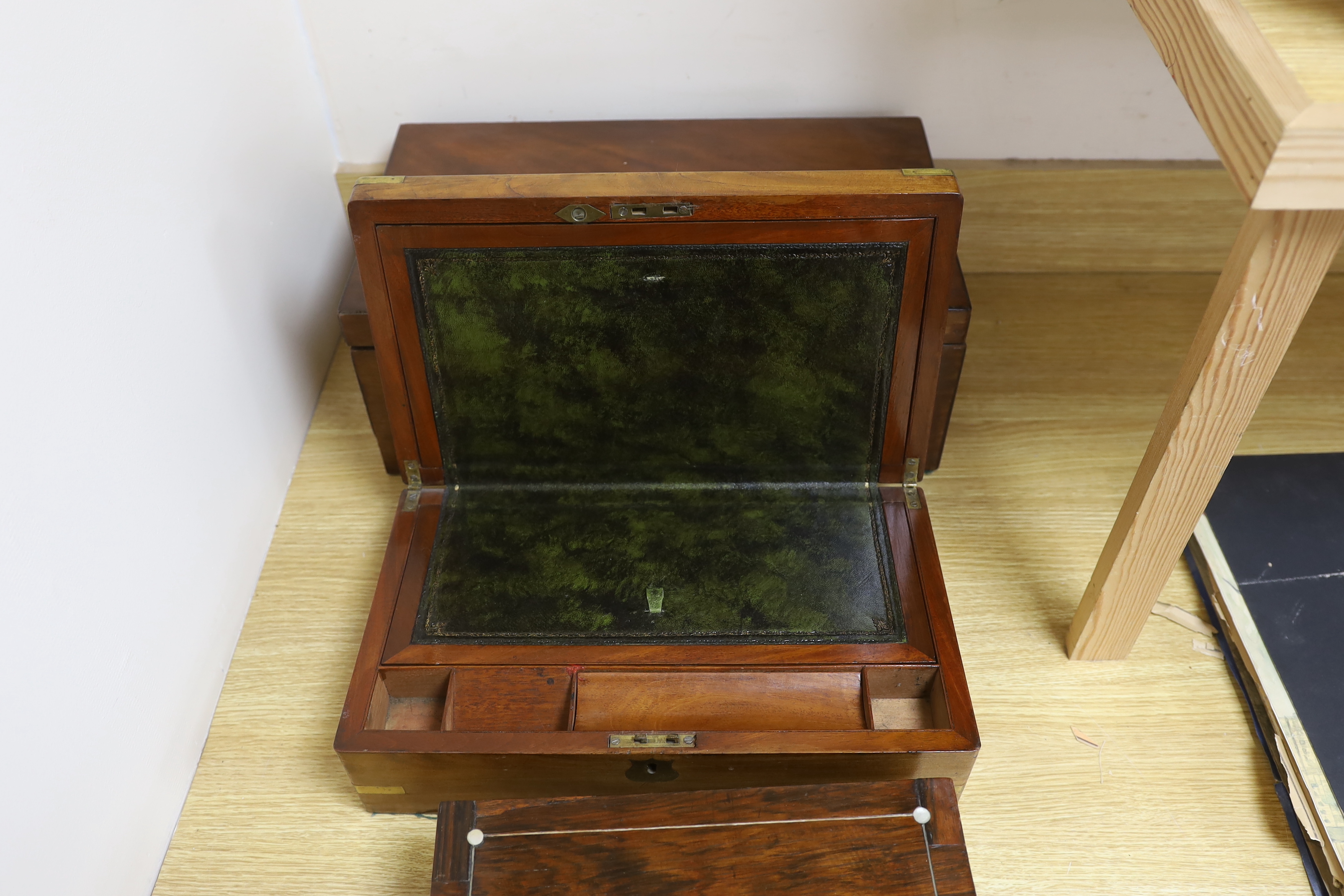 Two Victorian writing slopes and a mother of pearl inlaid box, largest 47cm wide, 26.5cm deep, 18cm high